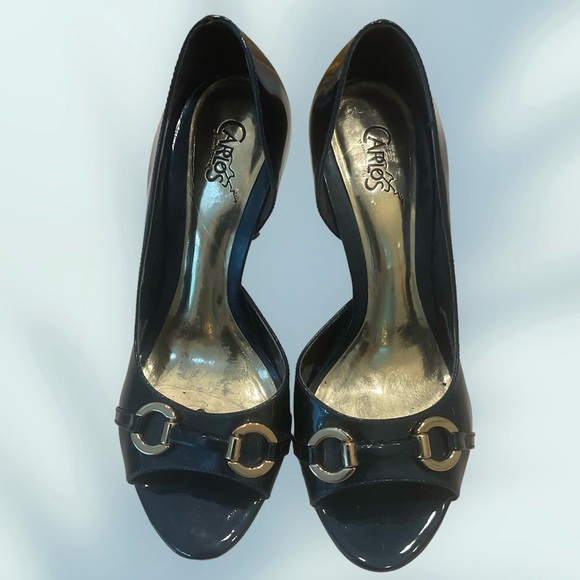Carlos Navy Peep Toe Pumps with Gold Bit Details, Size 8 - Picture 2 of 12